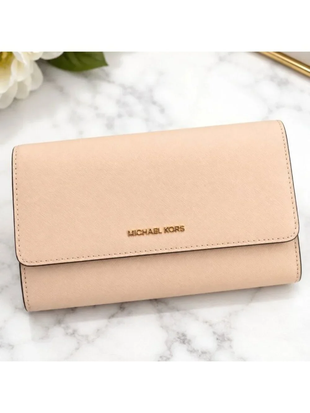 Michael Kors Blush Pink Tan Saffiano Leather Jet Set Wallet Crossbody Wristlet